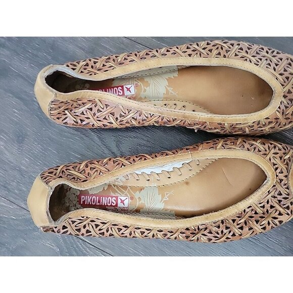 Pikolinos Relax Cutout Camel Brown Leather Peep Toe Flats Sz EU 36 US 5.5 - 6 - Picture 5 of 8